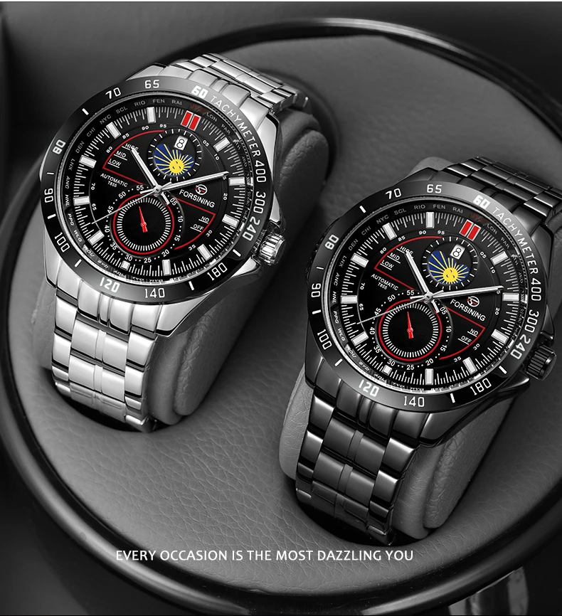 Forsining Two Dial Calendar Stainless Steel Men Mechanical Automatic Wrist Watches Top Brand Luxury Military Sport Male Clock