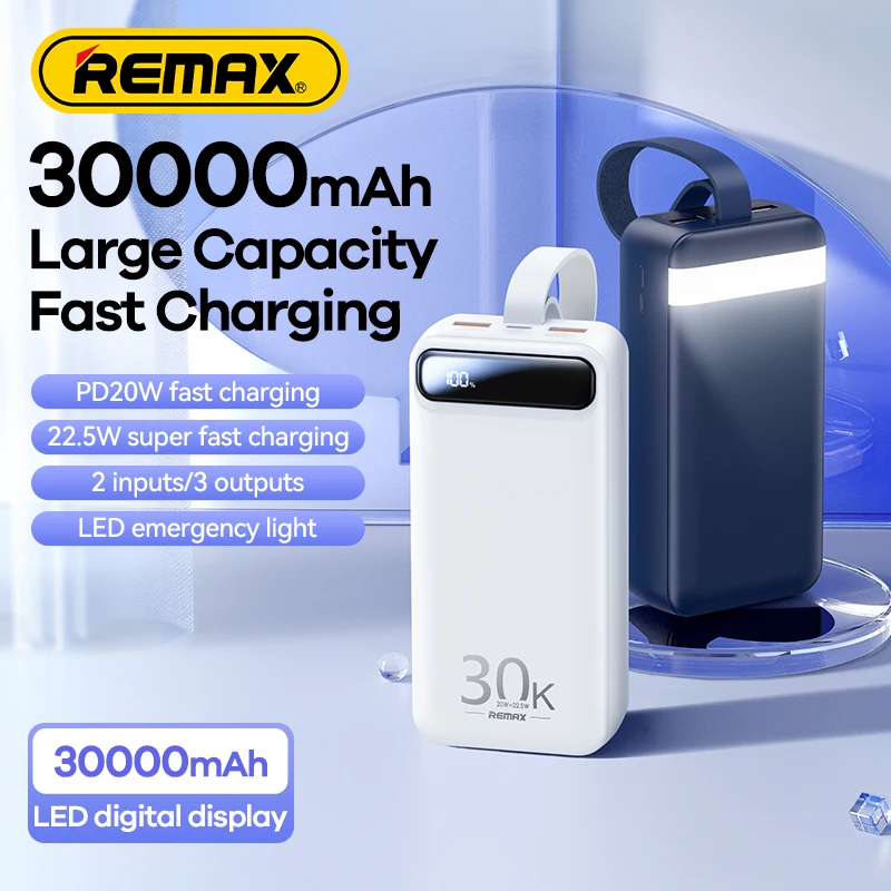 

Remax Power Bank 30000mAh Fast Charging External Battery Portable PD QC 22.5W PowerBank Charger TypeC For iPhone Huawei With LED