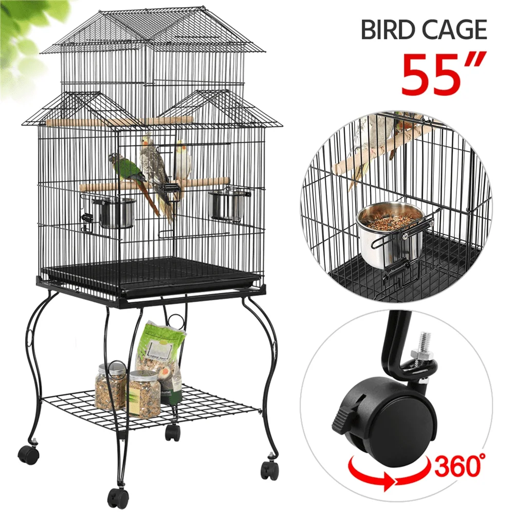 

Large Metal Rolling Bird Cage Parrot Aviary Canary Pet Perch With Stand