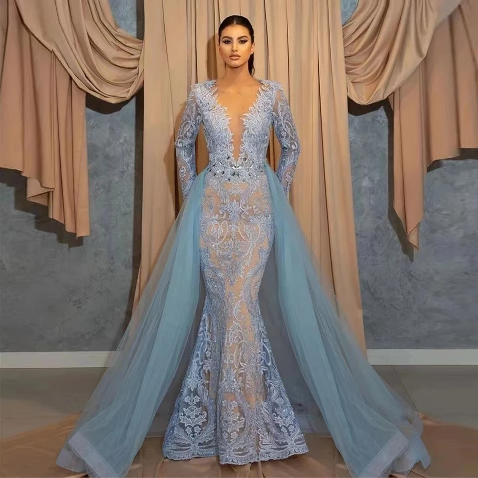 

Luxury Lace Appliques Blue Mermaid Evening Dresses Detachable Train Long Slevees Women Celebrity Night Dress Wedding Party Gown