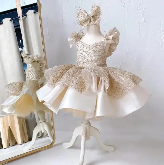 

Short Fluffy Gold Ivory Baby Girl Dress Cap Sleeves Flower Girl Dress Infant Tutu Outfit First Communion Dress Handmade