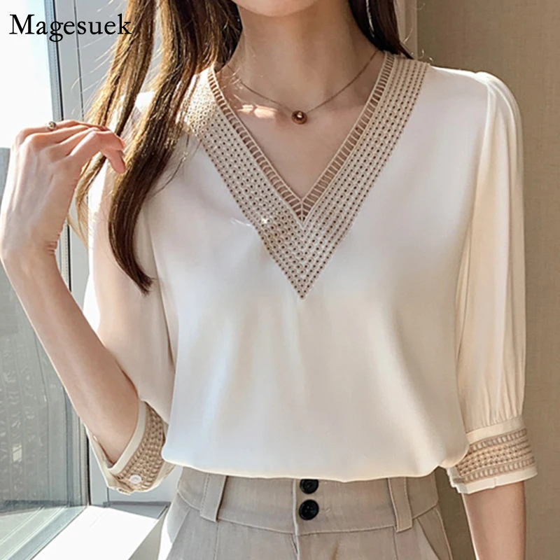 자수 하프 슬리브 화이트 레이스 여성 블라우스 2024 가을 v 넥 느슨한 시폰 탑 셔츠 Office Lady Elegant Blus..