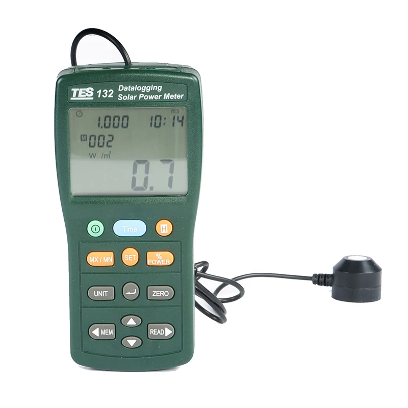 

TES-132 Handheld Solar Power Meter Tester 400-1Knm Range 2000W/m2 & 634Btu/(ft2h) Data Logger SD Card 2G USB TES132