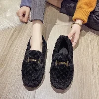 Women's Furry Slippers Indoor Outdoor Wear Winter Warm Flat Bottom Home Shoes Anti-Slip Chain Design Cotton Shoes