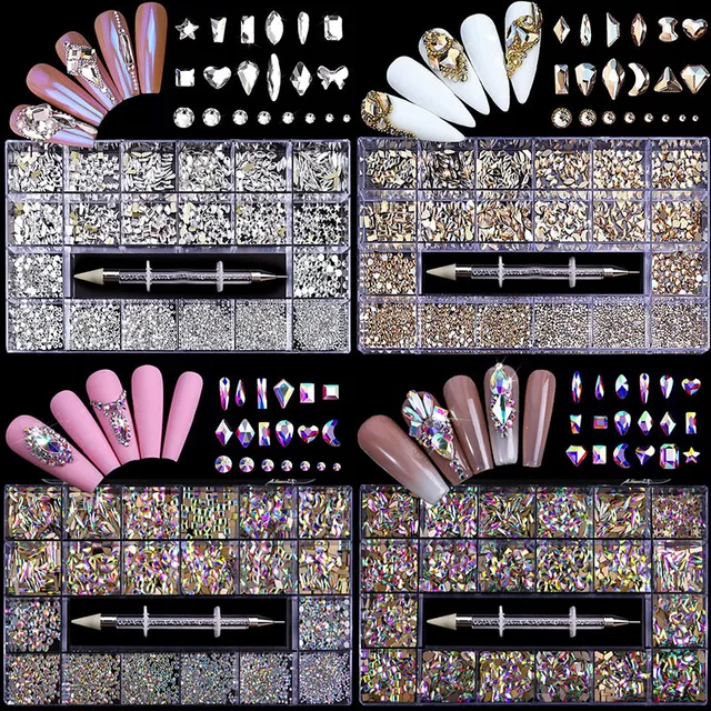 2800pcs Luxury Shiny Diamond Nail Art Rhinestones Crystal Decorations Set AB Glass 1pcs Pick Up Pen In Grids Box 21 Shape