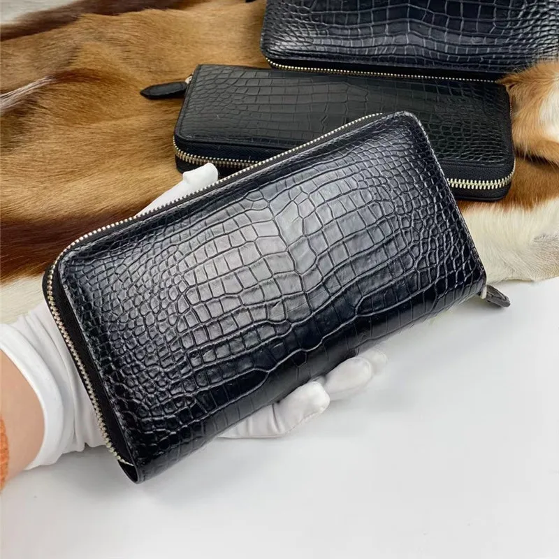 

Authentic Crocodile Skin Classical Men's Long Black ZIP Wallet Card Purse Genuine Exotic Alligator Leather Male Small Clutch Bag