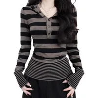 Y2K Striped Knitted Hoodies&Sweatshirts  Women Spring Autumn Japan Korean American Spicy Girl Retro Button Top Hooded Top New - Image 2