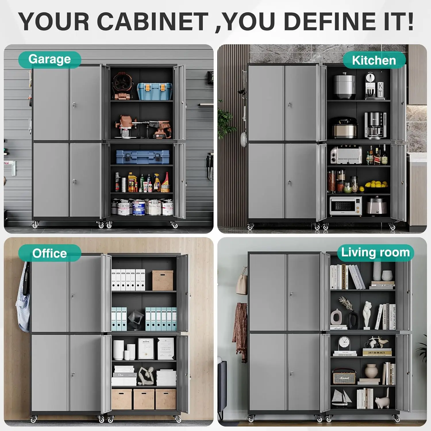 SISESOL Metal Storage Cabinet with Wheels Rolling Garage Tool Cabinet with Lock Gray Metal Shelves Home Office Shop 6