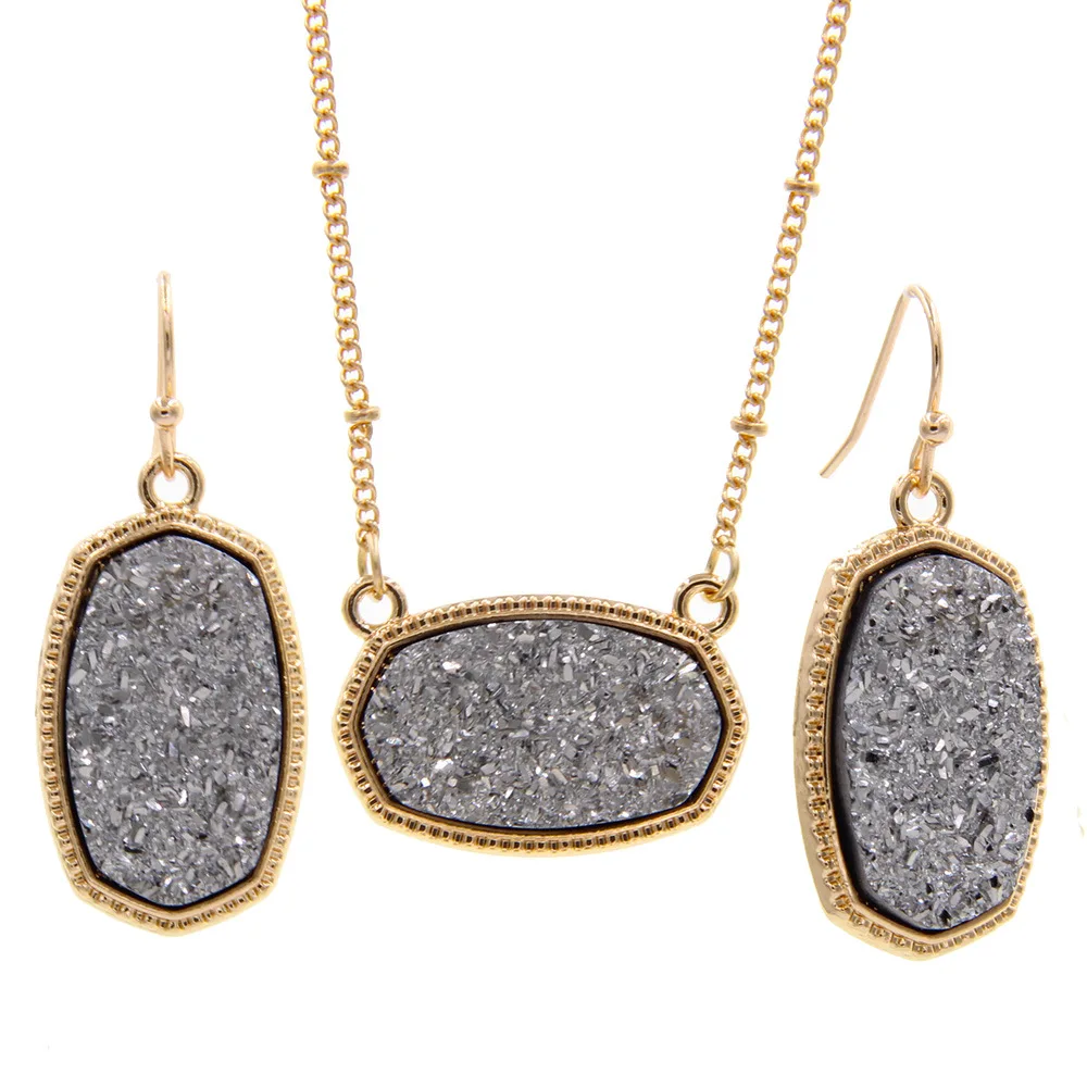 Gold Resin Oval Druzy Drusy Pendant Necklace Luxury Designer Jewelry for Women Christmas Earings Party Wedding Festival Gift | Украшения и