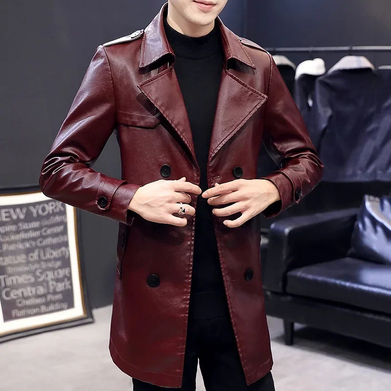 

Men khaki wine red retro long leather jacket oversize boys slim fit windbreaker autumn wear Pu coat button up trench coat XXXL