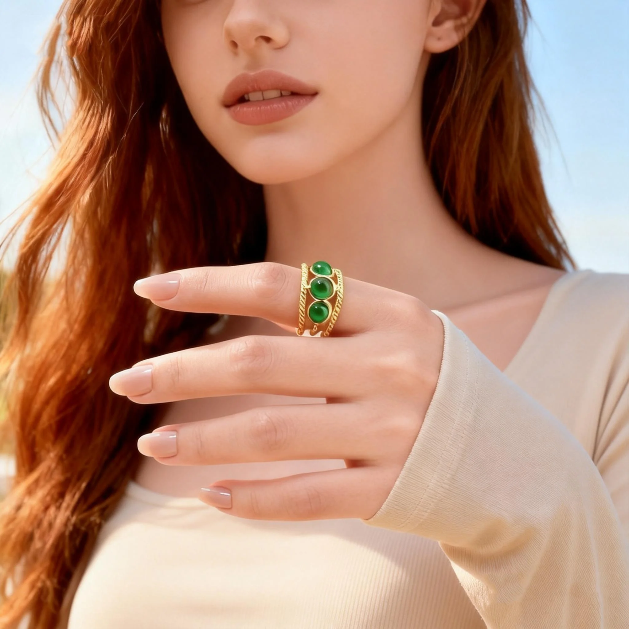 Damen Edelstahl Fingerschmuck Böhmischer Stilvoller Grüner Naturstein Gedrehte Textur Mehrschichtige Ringe für Party und Alltag