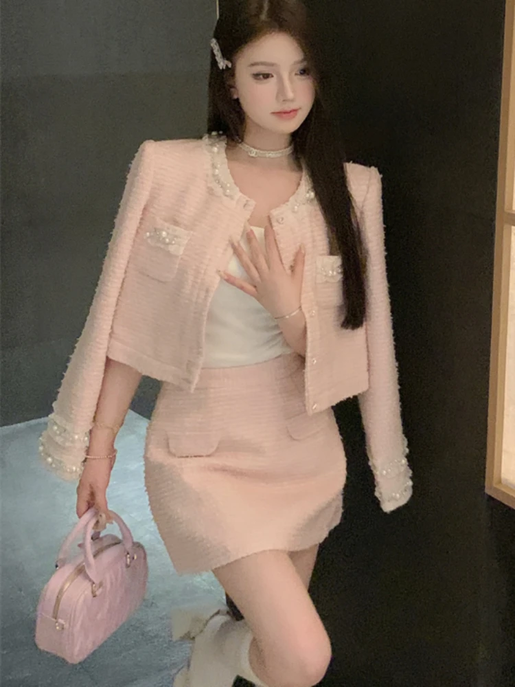 

New Autumn Pink Gentle Tweed Suit Skirt Set Lace Stitching Ladies Coat Dress Two-piece Set Design Pearl Women's Jacket Tops