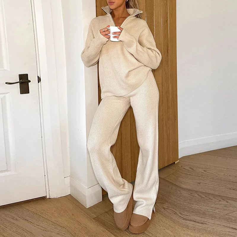 

Autumn Winter Solid Rib Knitted Sweater Suit Women Zip Lapel Top Sweatshirt & Long Pants Outfits Casual Long Sleeve Pullover Set