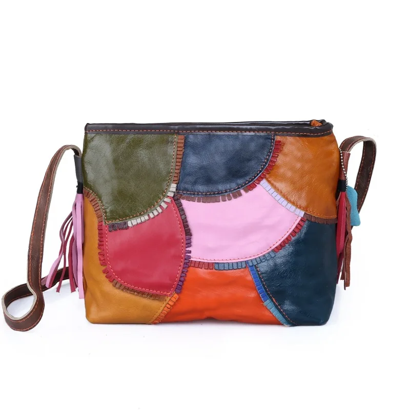 

Small Lady Colorful Patchwork Messenger Bag Zipper Shell Bolsos Women Crossbody Bag Genuine Leather Shoulder Bags Floral Handbag