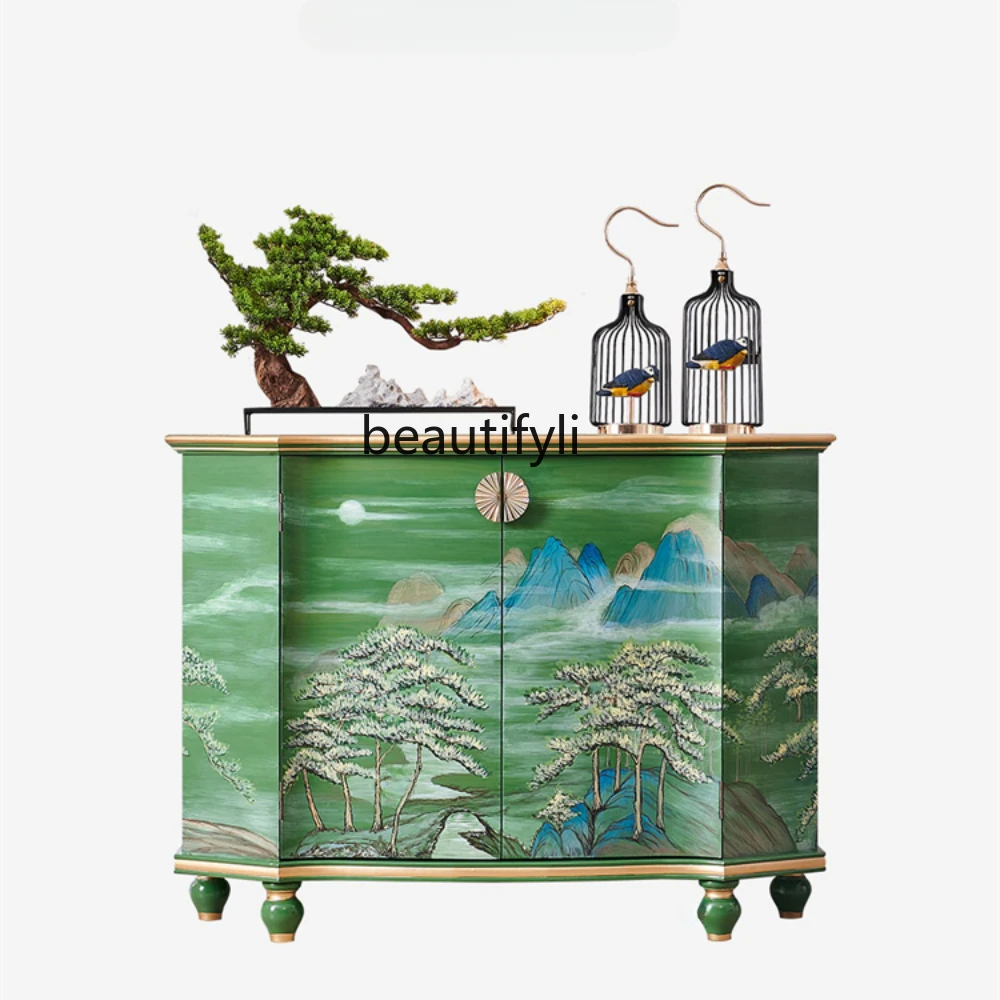

French Retro Green Painted Landscape Entrance Decoration Hall Cabinet Sideboard Cabinet