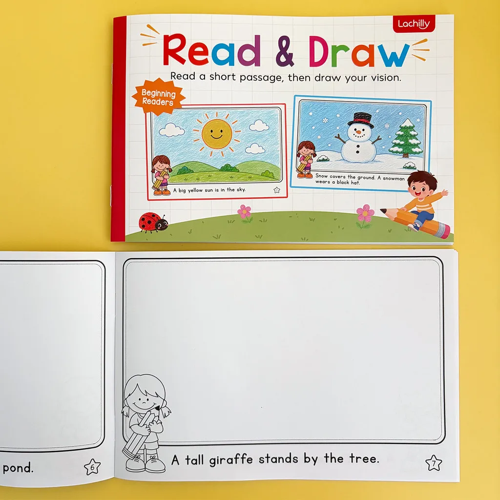 Quaderno di Lettura e Disegno da 32 Pagine per Bambini, Esercizi di Struttura e Sequenziazione di Frasi Corte, Libro Interattivo da Colorare - immagine 4
