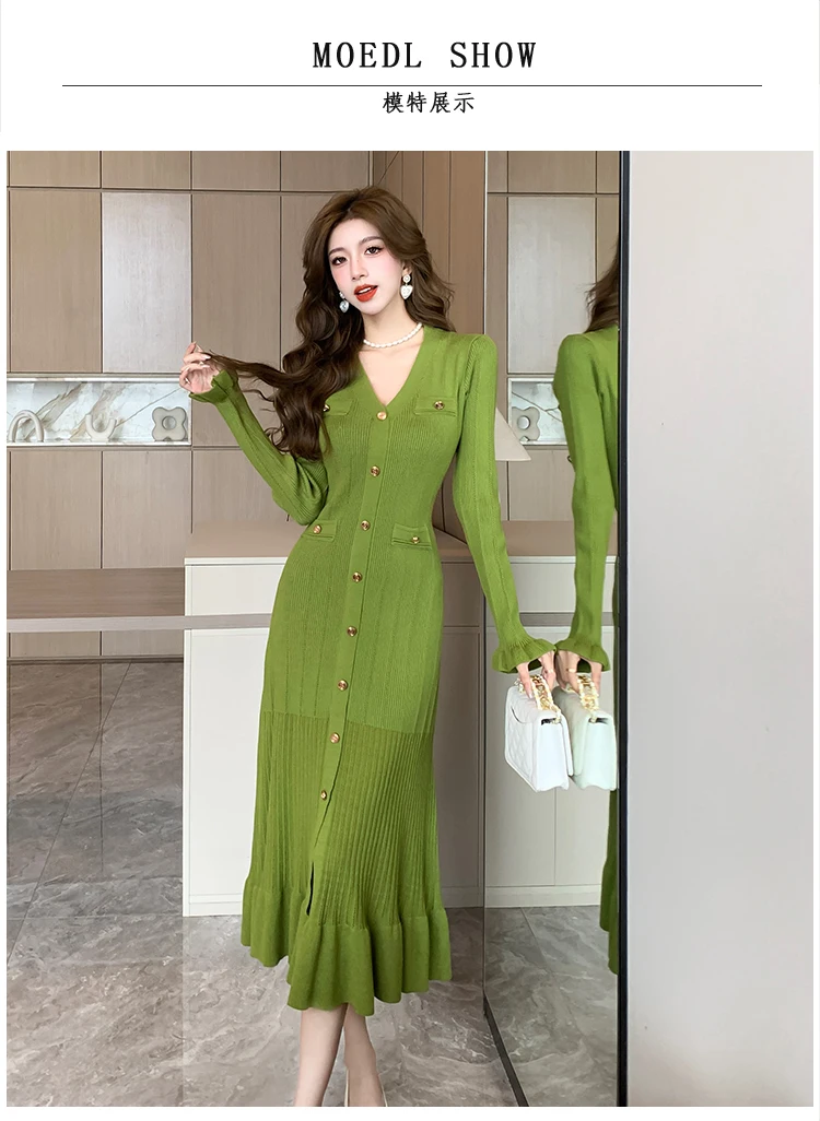 Autumn Solid Knitted Dresses for Women Single Breasted Chic Flared Sleeve Ruffles Hem Casual Female Office Elegant Robes