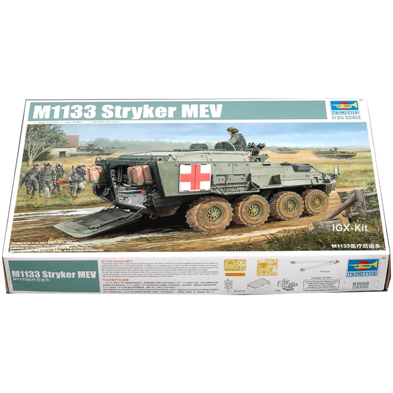 

Trumpeter 01559 1/35 US M1133 Stryker Medical Evacuation Vehicle Car MEV Military Toy Gift Plastic Assembly Building Model Kit