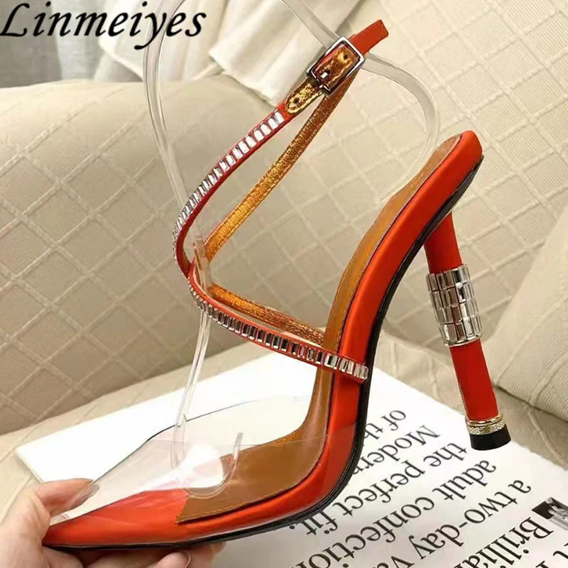 

Rhinestone High Heels Sandals Women New Pointed Toe Crystal Ankle Strap Party Prom Shoes Summer Round Heels Sandals Woman