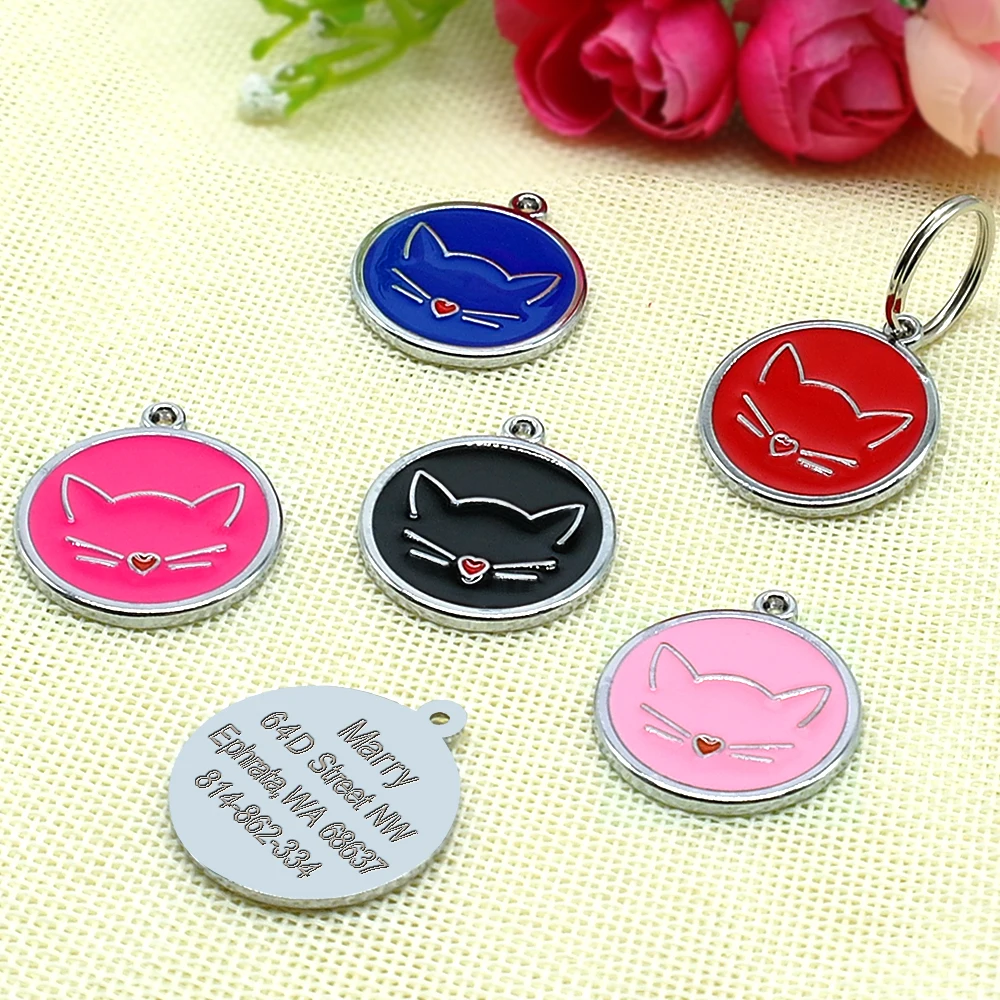 Cute Cat Tag Small Dog ID Tags Free Engraved Name Cats Kitten Name Tag Anti-lost Pet Collar Pendant Fish Shape&Cat Face Tags 2