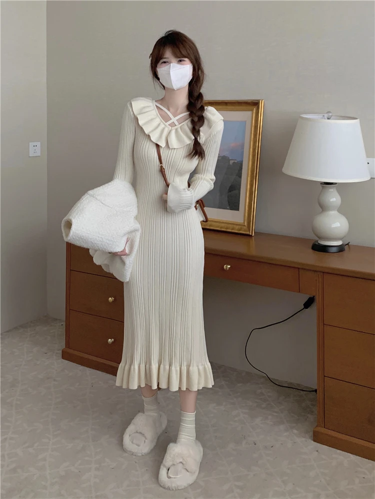 Autumn Knitted Dresses for Women Ruffles V-neck Solid Bodycon Casual Solid Midi Dress Korean Fashion Vestidos Mujer New Knitwear