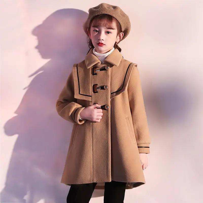 

Wool Coat Girls Winter Season New Woolen Cloth Overcoat Korean Versatile Windbreaker Childrens Clothing Soild Turn Down Collar