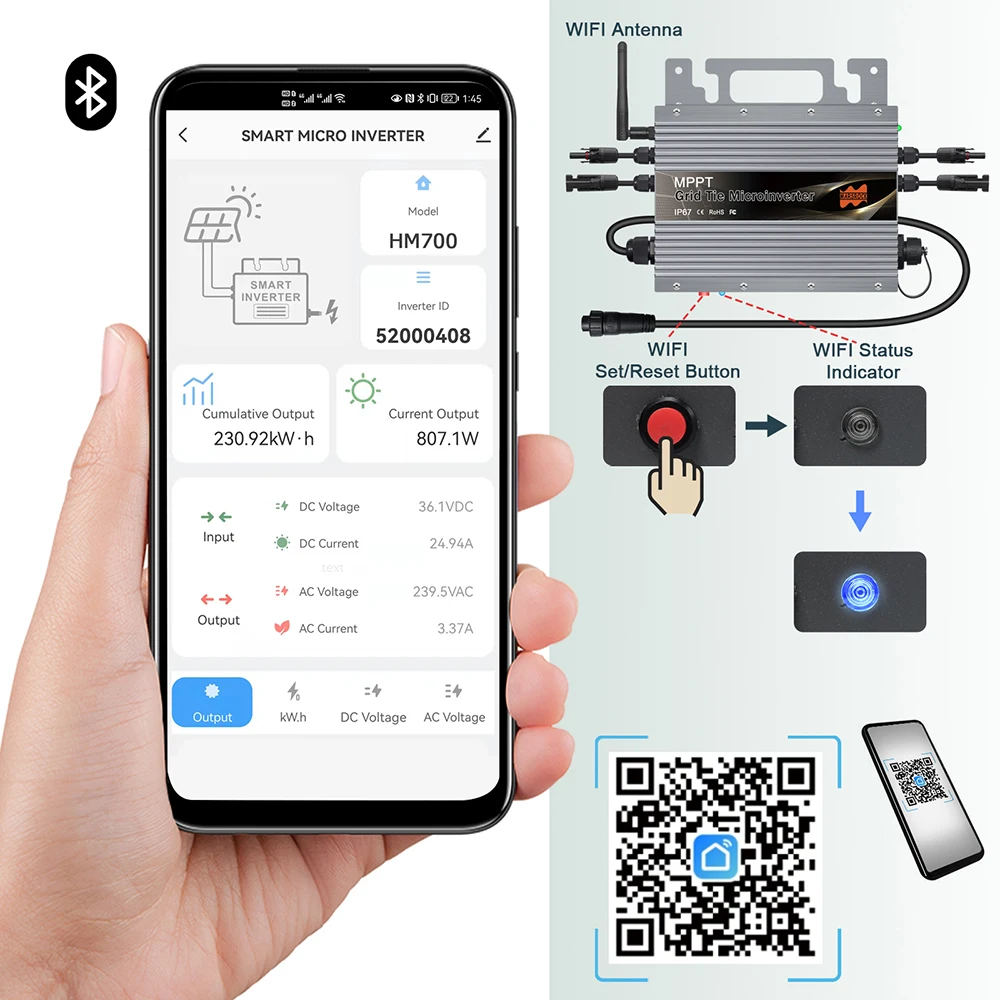 Micro-onduleur réseau MPPT avec fonction WiFi intégrée, IP67, 600W, 700W, 800W, 20-60VDC long et uant 260ylique, prise UE gratuite