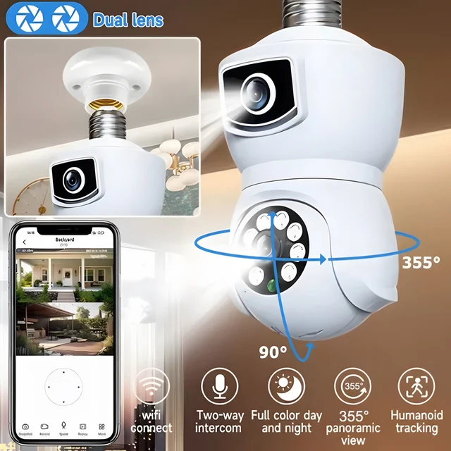 4K 8MP E27 Bulb WiFi Camera Dual Lens Dual Screen Auto Tracking Two Way Audio Color Night Vision Outdoor Security Camera 3