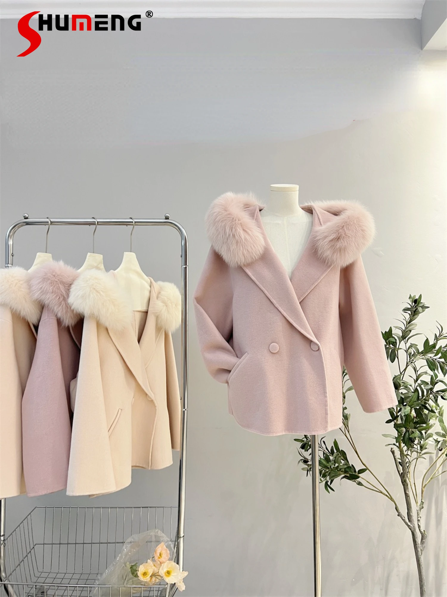 

Модное Элегантное двухстороннее свободное удобное Однотонное шерстяное пальто с капюшоном из лисьего меха и длинным рукавом, зима 2023