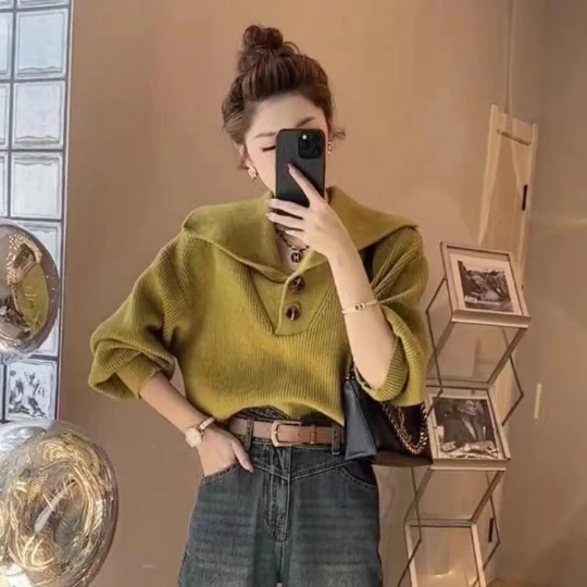 

Green 2023 Women Sweater Coat Korean Lady Pullover Woman Low Neck Collar Tops Loose Women's Sweater Winter Clothes Girl Suéter