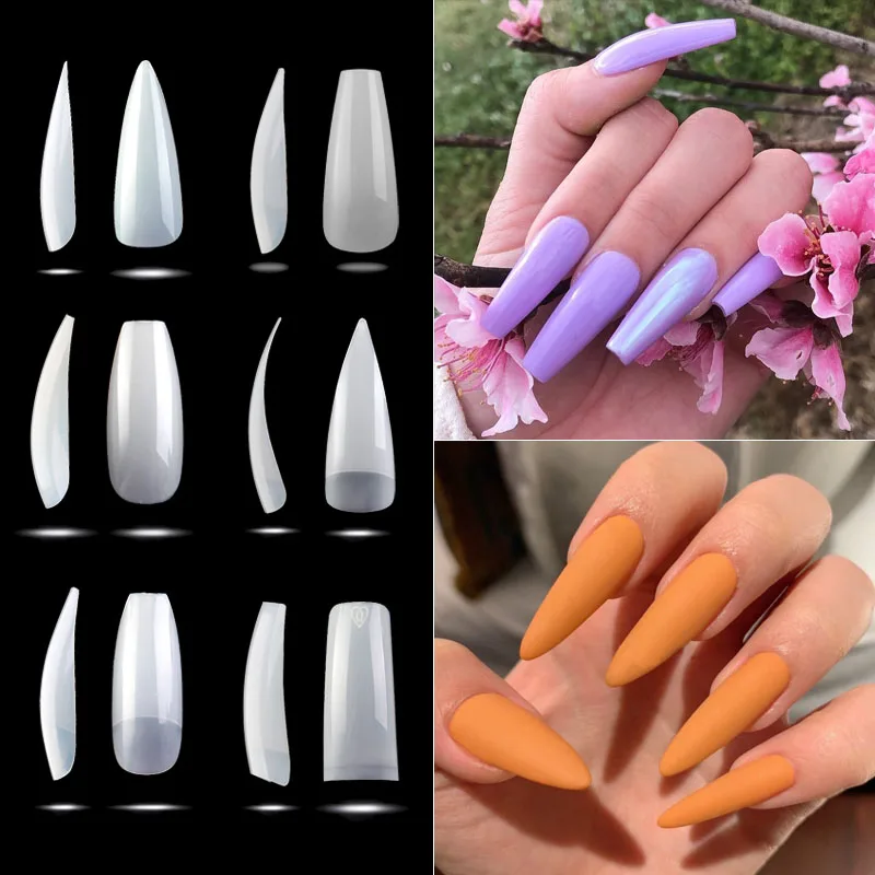 

500pcs Professional Long Ballerina/Stiletto Full Nail Tips French ABS Press on False Nails Artificial 0-9 Size Nail Art Manicure