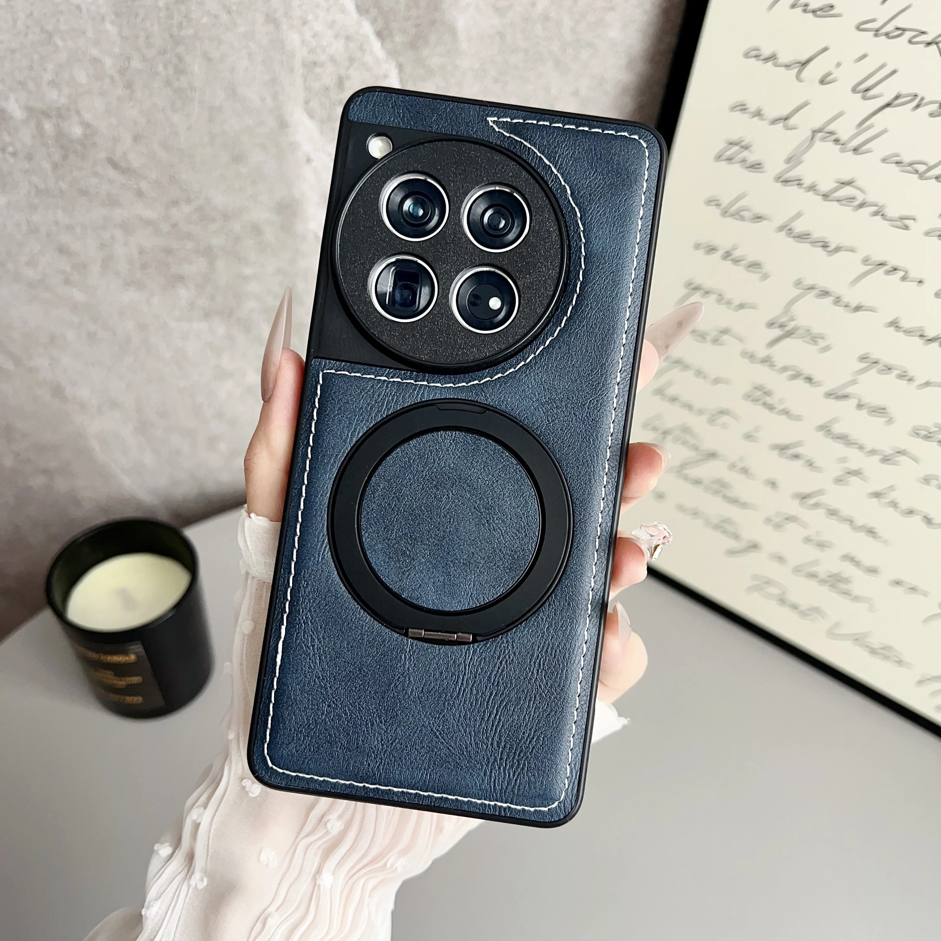 Rotating Magnetic Leather Texture Phone Case with Magsafe Ring Holder and Bumper Cover