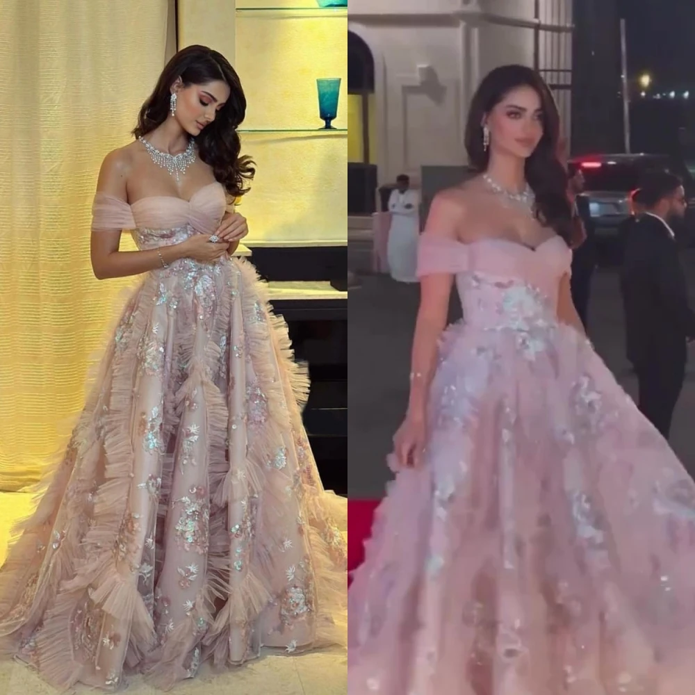 

Exquisite Off-the-shoulder Ball Gown Sweep/Brush Prom Dresses Sequin Tulle Draped Net/Tulle Formal Occasion فساتين نسائيه س