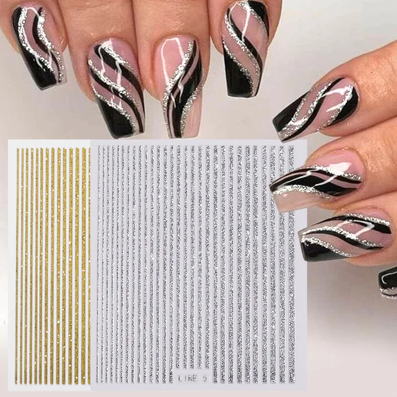 Gold Lines Nail Stickers Holographic Silver Rose Gold Metal Stripe