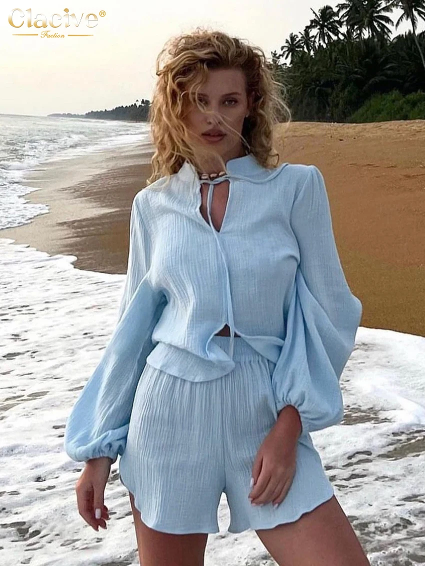 

Clacive Casual Loose Blue Cotton 2 Piece Sets Women Outfit 2024 Elegant Puff Sleeve Tops With High Waist Shorts Set Female