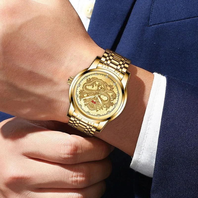 Men's Watch Steel Belt Luminous Diamond Inlaid Relief Golden Dragon Ruby Dragon Face Quartz Watch