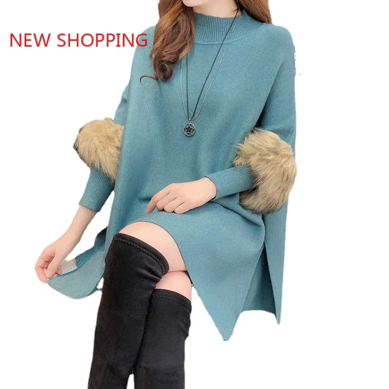 Autumn Winter Thick Knitted Sweater Women's Cloak Shawl Bat Shirt New Pullover High Neck Loose Sweater Poncho Christmas Tops Red
