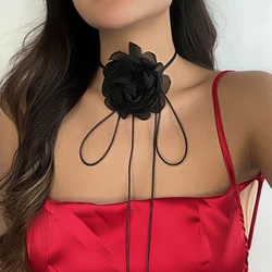 Large Fluffy Fabric Flower Choker Necklace for Women Trendy Elegant Long Lace-up Rope Chains on Neck Collar 2023 Fashion Jewelry