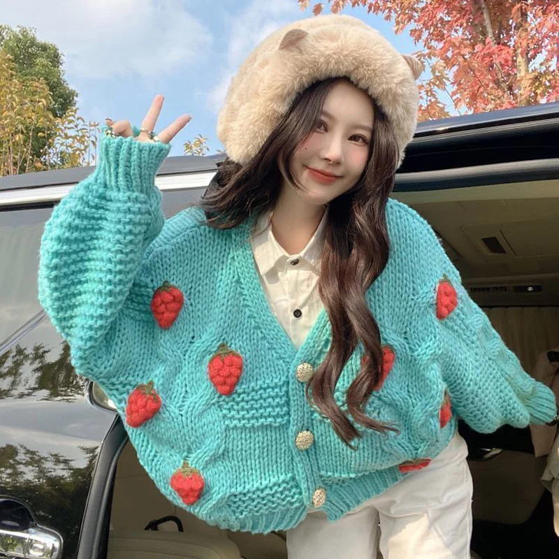 ZOKI 여성용 하라주쿠 딸기 루즈 가디건 스웨터, 긴 소매 한국 상의, 시크 여성 프레피 스타일 Y2k 스웨터, 가을 패션