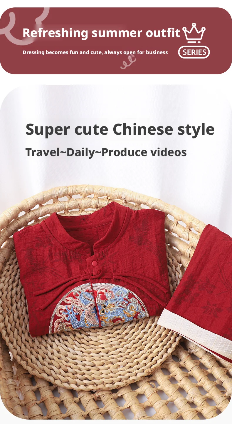 【Youqi】زي أطفال صيني للأطفال من عمر 0 إلى عامين، طقم صيفي شورت بأكمام قصيرة، زي احتفال مائة يوم على شكل قمر كامل أحمر، طقم مكون من قطعتين لعيد الميلاد الأول