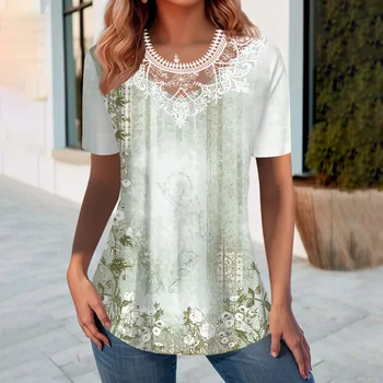 Plus Size Women's Floral Print Lace Patchwork Collar Short-sleeved T-shirt 1