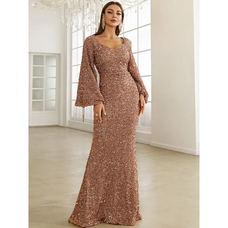 

New Arrivals Summer Fashion V-neck Hip Sequined European And American Style Dress Mid-Waist Flared Sleeve Long Evening Dress