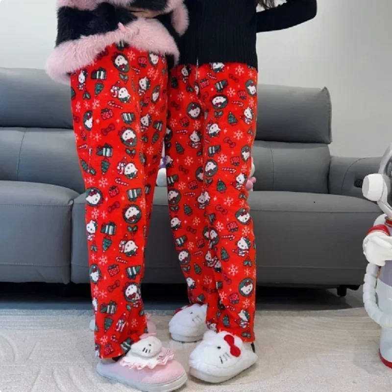 

Sanrio Hello Kitty Pyjamas Pants Christmas Anime Fleece Double Elastic Fabric Soft Women Trousers Kawaii Fluffy Pajamas Ornament