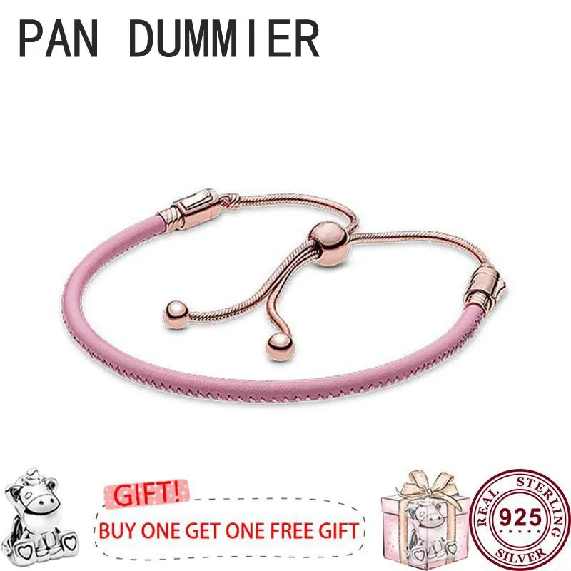 New Hot 925 Silver Exquisite Pink Leather Rope Women's Sliding Bracelet Suitable for Original High Quality DIY Charm Jewelry