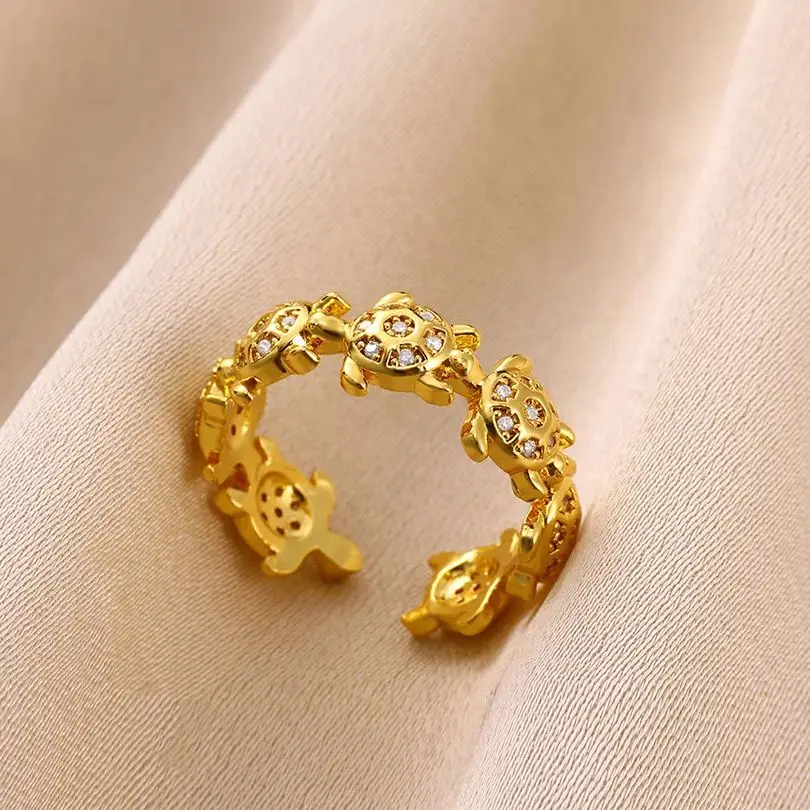 Cute Zircon Turtle Rings For Women Gold Color Adjustable Opening