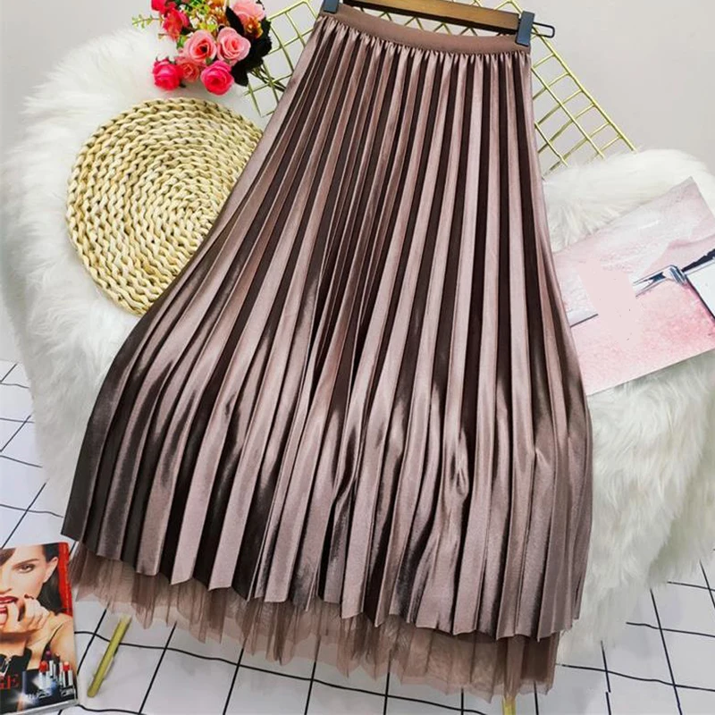 floral skirt Rimocy Both Sides Wear Pearls Mesh Skirt Women 2022 Summer Velvet High Waist Long Skirts Woman Solid Color A Line Pleated Skirts green skirt