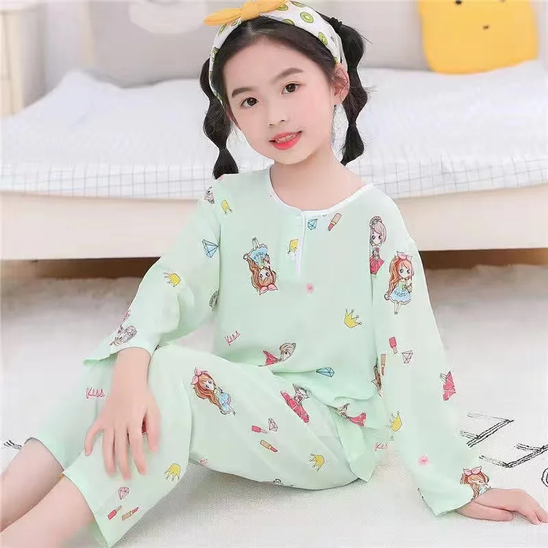 Summer Children's Cotton Silk pajamas Boys And Girls Home Clothes Baby Long-sleeved + Trousers Two-piece Kid's Brethable Suit cute pajama sets	