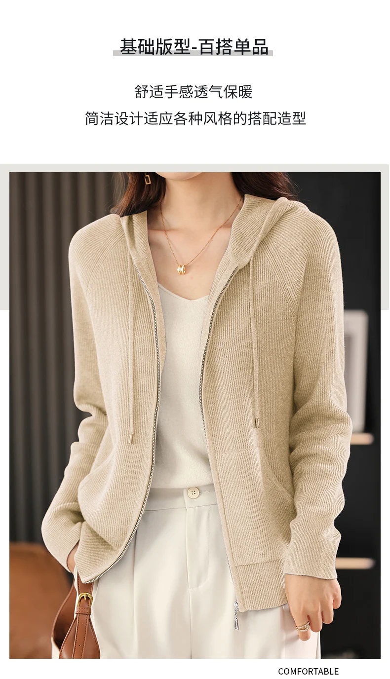 Women Autumn Winter Wool Blend Sweater Hooded Collar Thicken Knitted Zipper Cardigan With Pocket Basis ​Top Female Coat