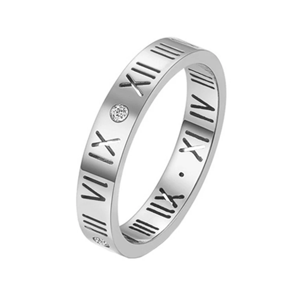 Women's Roman Numeral Ring - Stainless Steel With Cubic Zirconia, Stackable Promise Or Wedding Band