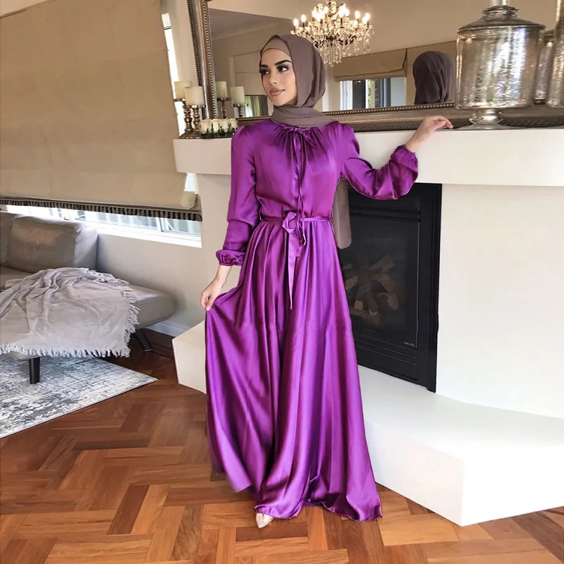 Satin Abaya Long Muslim Dress Elegant Big Swing Belted Hijab Robe Islam Dubai Turkey Modest Abayas African Dresses for Women